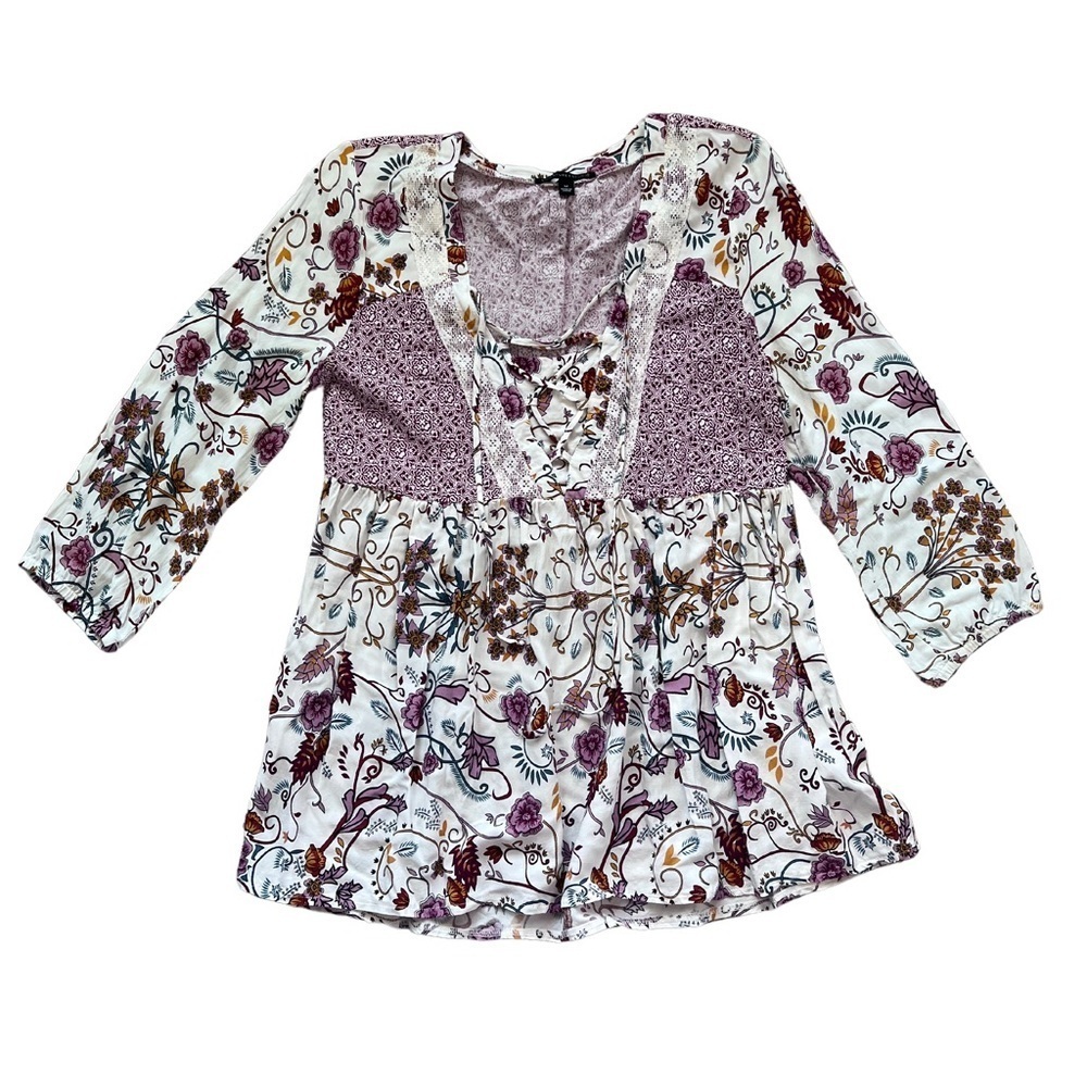 Signature Studio Boho Top Size Small Floral Print Lace Top Focal Point Tie Chest